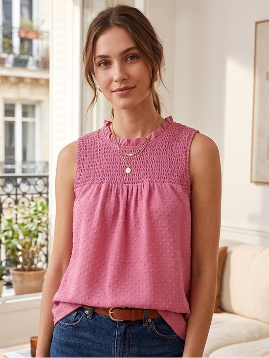J. Crew Tops - J.Crew Smocked Clip Dot Sleeveless Top Pink Ruffle Neck Size M